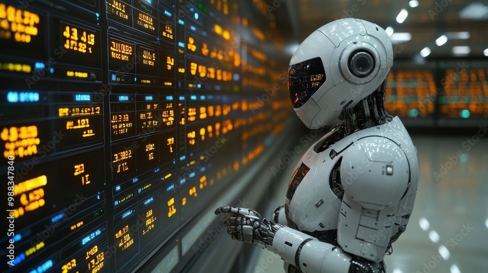 Poster illustration of a virtual robot in a stock trading area controlled by a robot under modern technolog