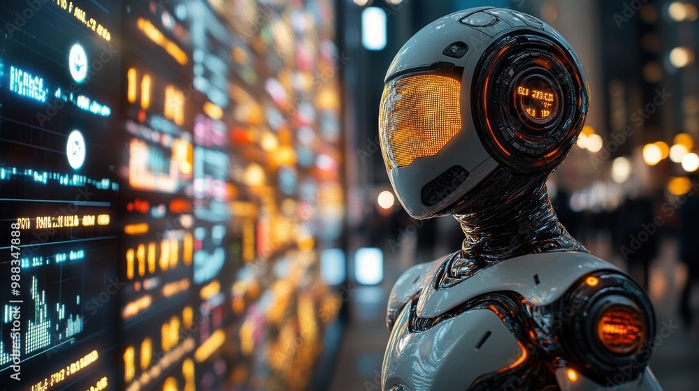 Poster illustration of a virtual robot in a stock trading area controlled by a robot under modern technolog