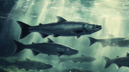 Fototapeta premium Salmon swimming on the surface of fish farm. fish. Illustrations 