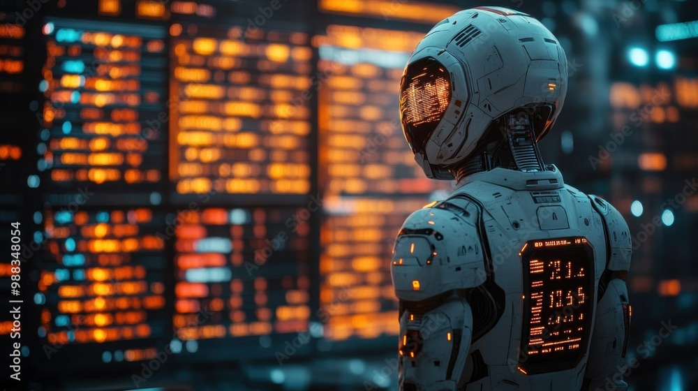 Poster illustration of a virtual robot in a stock trading area controlled by a robot under modern technolog