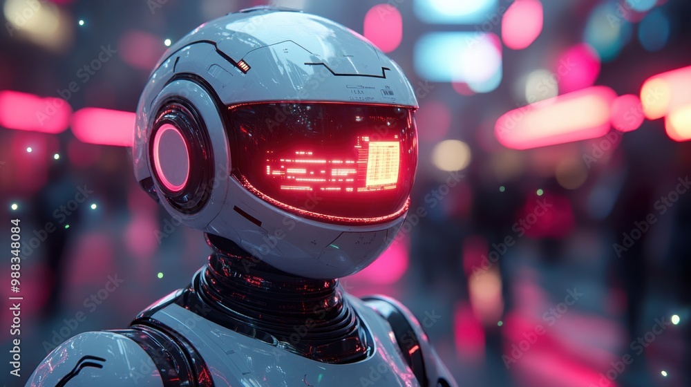Poster illustration of a virtual robot in a stock trading area controlled by a robot under modern technolog