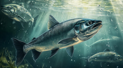 Salmon swimming on the surface of fish farm. fish. Illustrations

