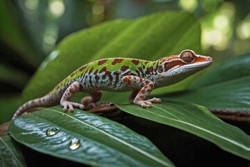 Obraz premium Gecko Resting on a Sunlit Tropical Leaf in a Rainforest: A vibrant gecko resting on a large, sunlit tropical leaf in the heart of a dense rainforest.
