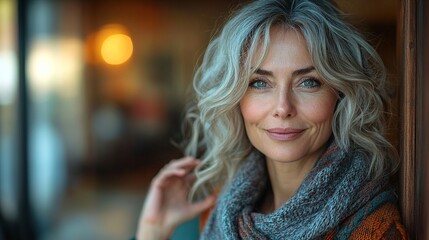 Obraz premium beautiful mature woman waving opening door to guest looking at camer, smiling welcome