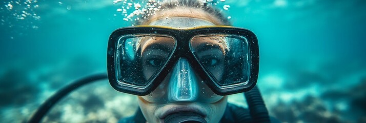 Snorkeling mask with blurred underwater scenery, capturing the essence of aquatic exploration and adventure.