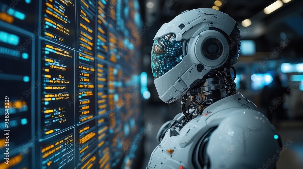 Poster illustration of a virtual robot in a stock trading area controlled by a robot under modern technolog