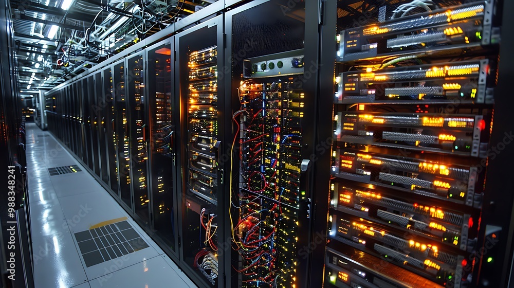 Poster a long row of servers in a data center, with lights and wires visible. the servers are housed in bla