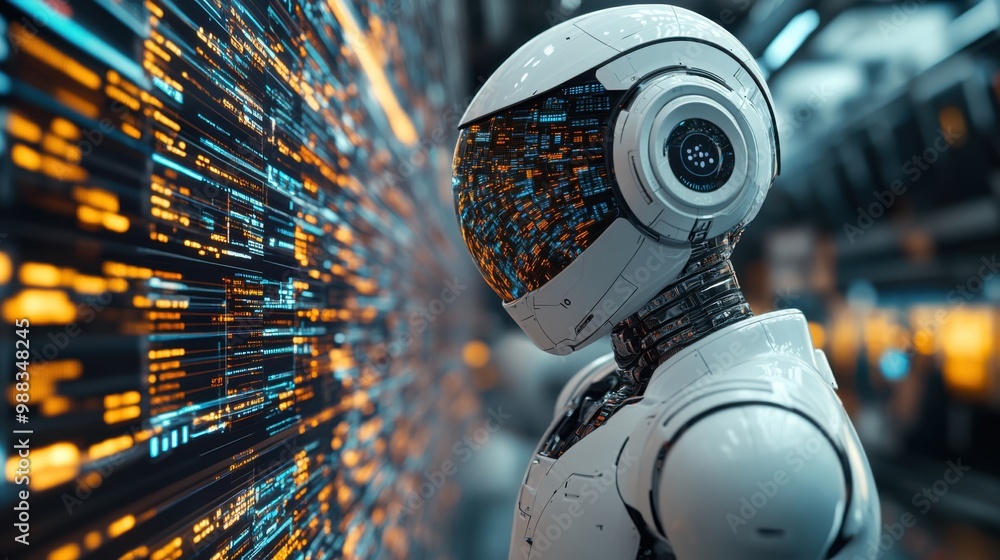 Poster illustration of a virtual robot in a stock trading area controlled by a robot under modern technolog