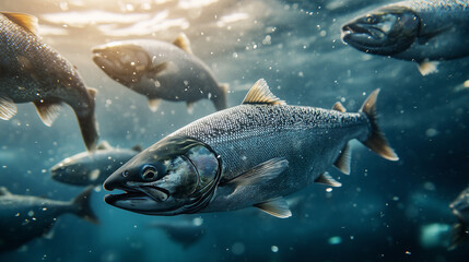 Salmon swimming on the surface of fish farm. fish. Illustrations
