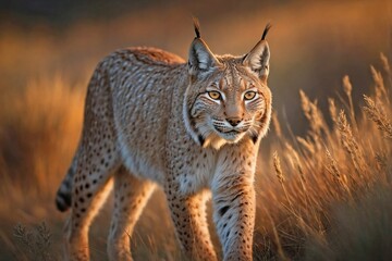Obraz premium Lynx Hunting in a Golden Meadow at Sunset