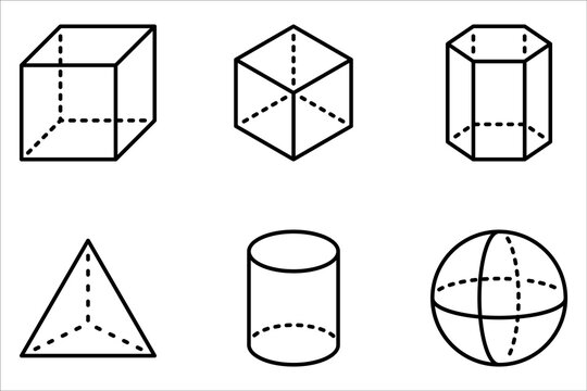 Volumetric basic geometric shapes linear icon set on white background