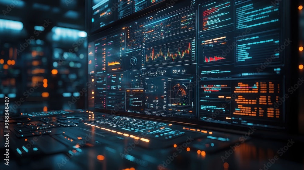 Poster illustration of a virtual robot in a stock trading area controlled by a robot under modern technolog