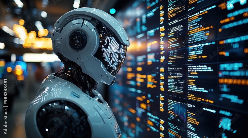 Poster illustration of a virtual robot in a stock trading area controlled by a robot under modern technolog
