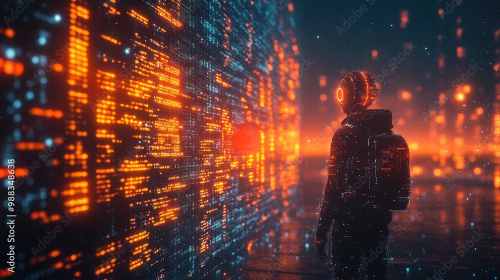 Poster illustration of a virtual robot in a stock trading area controlled by a robot under modern technolog
