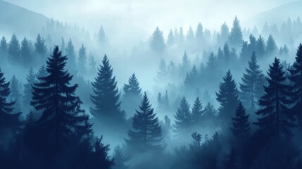 Obraz premium Foggy forest landscape with pine trees. Vintage nature background