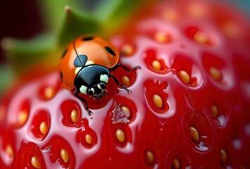 Obraz premium Ladybug Feast. A vibrant close-up of a ladybug perched on a ripe, red strawberry, its black spots contrasting beautifully against the fruit's texture.