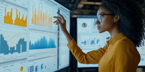 Digital analytics data visualization. Business. Big data. Network connection. Artificial intelligence technology. Digital tech. Female, gesturing, using digital interface display.