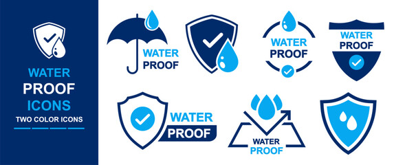 Waterproof icon set for package, product, mockup. protection from water, weather, storm, splash. water resistance vector eps icon set