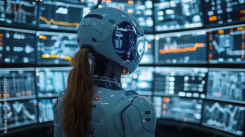 Poster illustration of a virtual robot in a stock trading area controlled by a robot under modern technolog