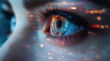 Robotic eyes reflect the fluctuations of cryptocurrencies and stocks. Viewing data in a stock market area controlled by modern technology. Future technology. Modern lights. Beautiful lights.