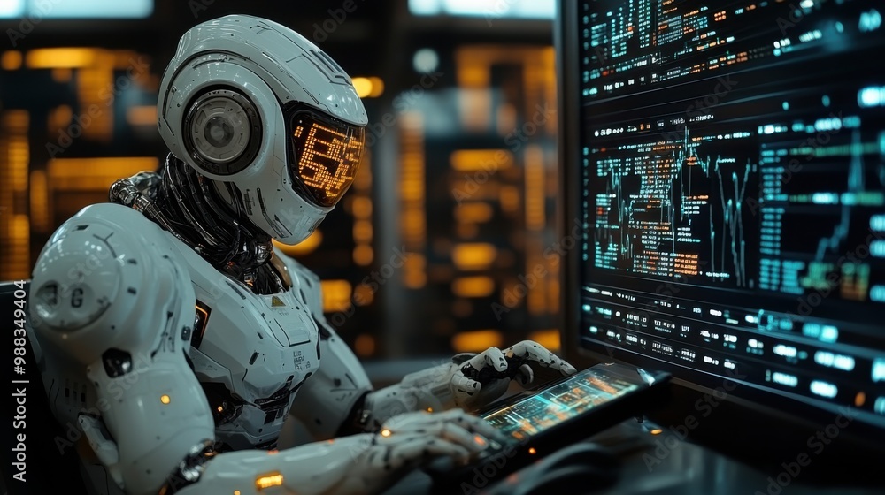 Poster illustration of a virtual robot in a stock trading area controlled by a robot under modern technolog