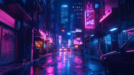 Neon-lit alleyway in a bustling downtown at night