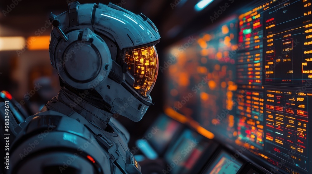 Poster illustration of a virtual robot in a stock trading area controlled by a robot under modern technolog