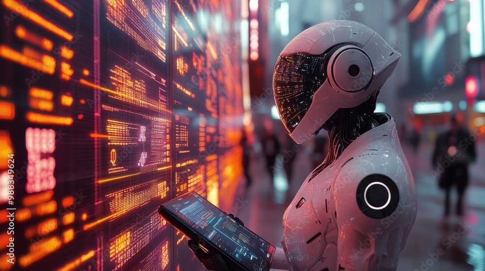 Poster illustration of a virtual robot in a stock trading area controlled by a robot under modern technolog