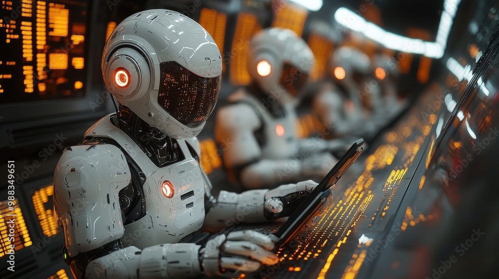Poster illustration of a virtual robot in a stock trading area controlled by a robot under modern technolog