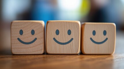Wooden blocks arranged in a line each with a cheerful face expressing high satisfaction representing customer approval and business success