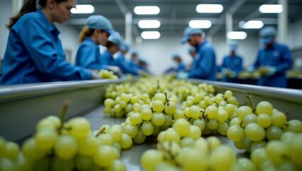 Grape processing line. Workers in uniform sort green grapes on a conveyor belt in a factory.