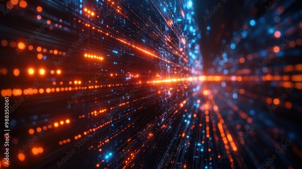 Poster complex blockchain structure while viewing data in the stock market area controlled by modern techno