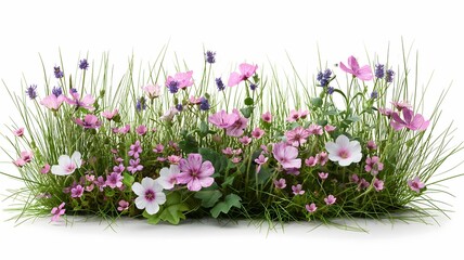 Wild Grass Bush and Flowers Isolated on White Background