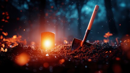 Freshly dug grave in a graveyard a single shovel resting against a nearby headstone the surrounding earth disturbed and uneven creating a sense of unease and dread.