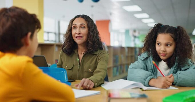 Children, teacher and teaching in library with education for learning support and clapping for phonics development. Students, tutor and language assistance with homework evaluation or answer at table