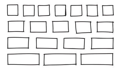 Free outline hand drawn vector squares, rectangles different sizes. Scribble rectangular frames set. Freehand square borders. Text highlight underline. 
