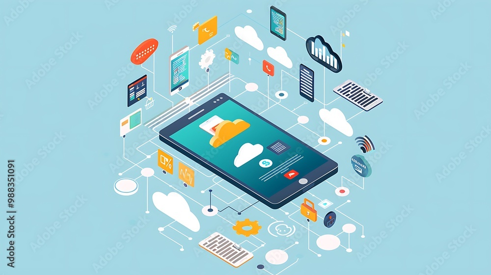 Poster cloud computing integration with mobile technology showcases a smartphone at the center, interconnec