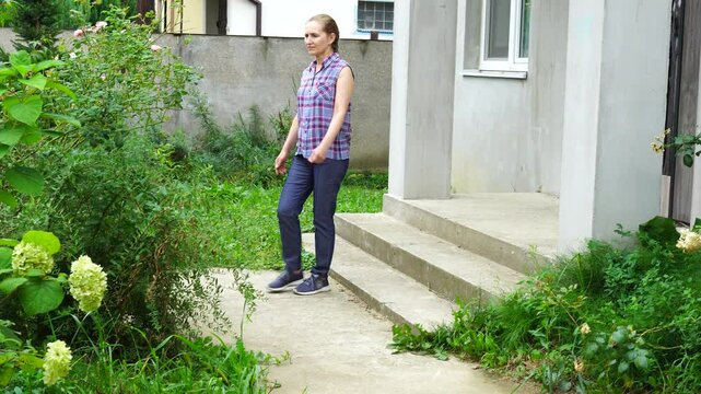 Senior woman walks relaxing outdoor