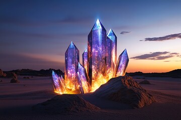 Futuristic desert city, with towering structures made of glowing crystals and sand-swept landscapes