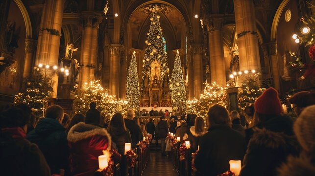 People are gathering in a cathedral to celebrate christmas mass, holding candles and admiring the beautiful christmas trees. religion, christianity, faith