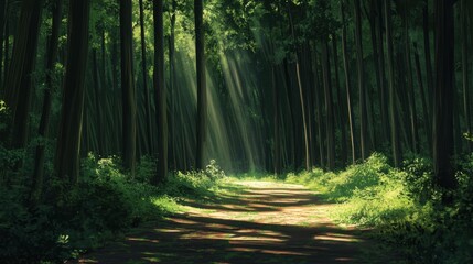 Fototapeta premium Dense forest with tall trees casting long shadows onto the path creating a tranquil nature scene with abundant greenery