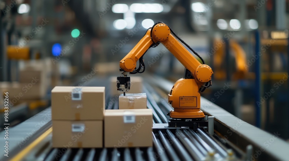 Poster automated robotic arm handling boxes in warehouse