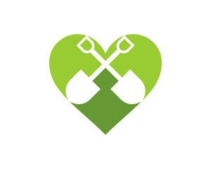 Shovel crossed inside the green love shape logo