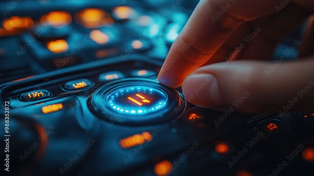 Poster close up of finger pressing engine start button until engine turns on
