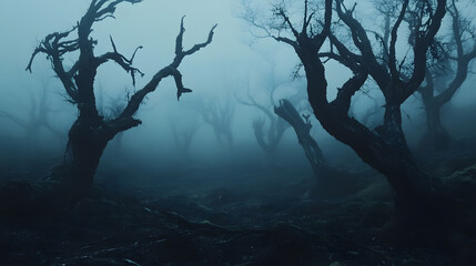 Fog-Ridden Haunted Forest with Dead Trees