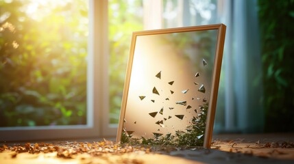 A shattered mirror leaning against a wall in a dusty abandoned room reflecting a distorted image of the empty space and hinting at a presence beyond the glass.