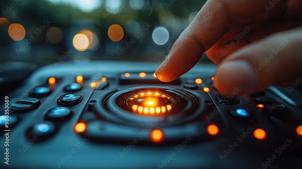 Poster close up of finger pressing engine start button until engine turns on