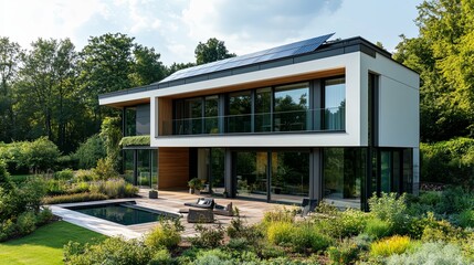 Modern White House with Pool and Solar Panels in a Lush Green Landscape