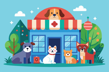Fototapeta premium A cheerful animal care hospital for puppies welcomes its furry clients under a bright blue sky, featuring friendly animal companions nearby.
