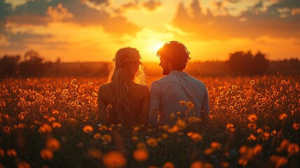 close up of happy couple looking, dreaming about future outdoor at meadow